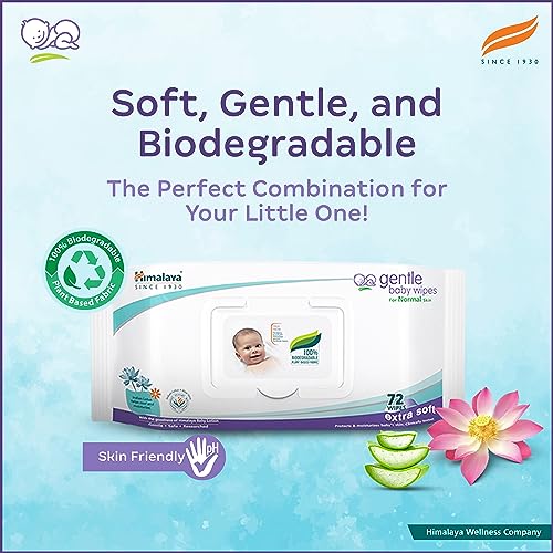 Himalaya Gentle Baby Wipes with Lid (72 wipes x4 packs -288 wipes) |100% Biodegradable Plant-based fabric | Indian Lotus & Aloe Vera | Skin Friendly PH| Extra Soft