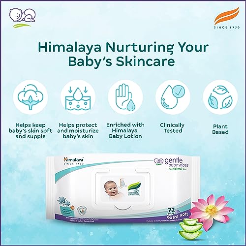 Himalaya Gentle Baby Wipes with Lid (72 wipes x4 packs -288 wipes) |100% Biodegradable Plant-based fabric | Indian Lotus & Aloe Vera | Skin Friendly PH| Extra Soft
