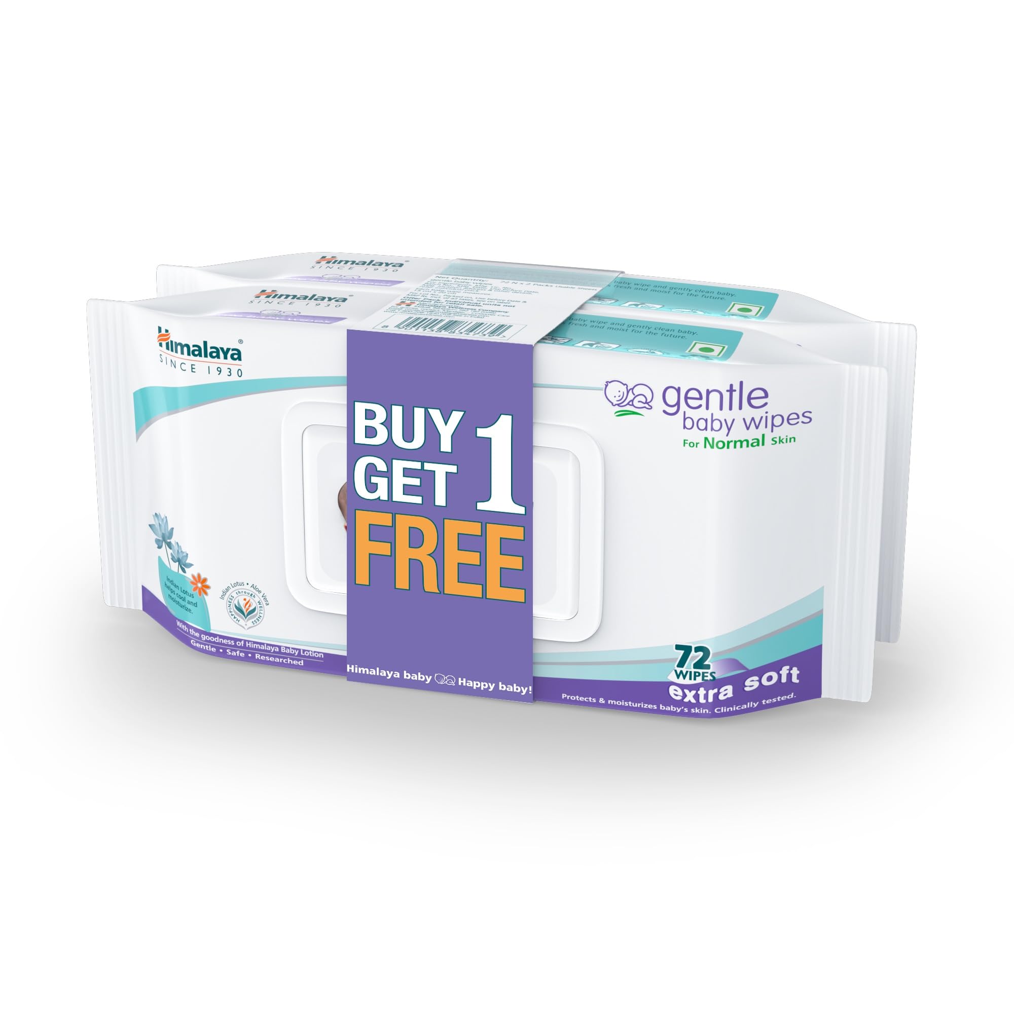 Himalaya Gentle Baby Wipes with Lid (72 wipes x4 packs -288 wipes) |100% Biodegradable Plant-based fabric | Indian Lotus & Aloe Vera | Skin Friendly PH| Extra Soft