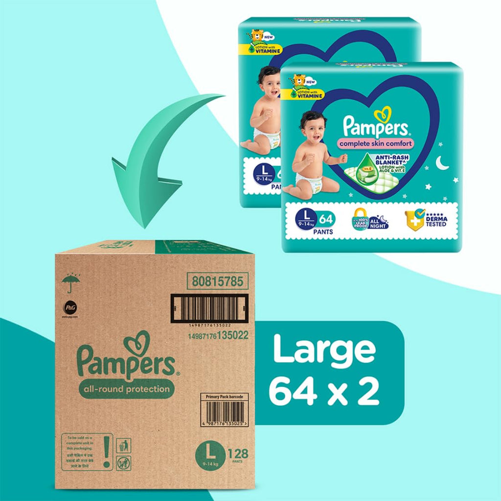 Pampers Complete Skin Comfort | Pant Style Diaper Large, 128 Count| Anti Rash with 100% protection from leakage upto 12 hrs