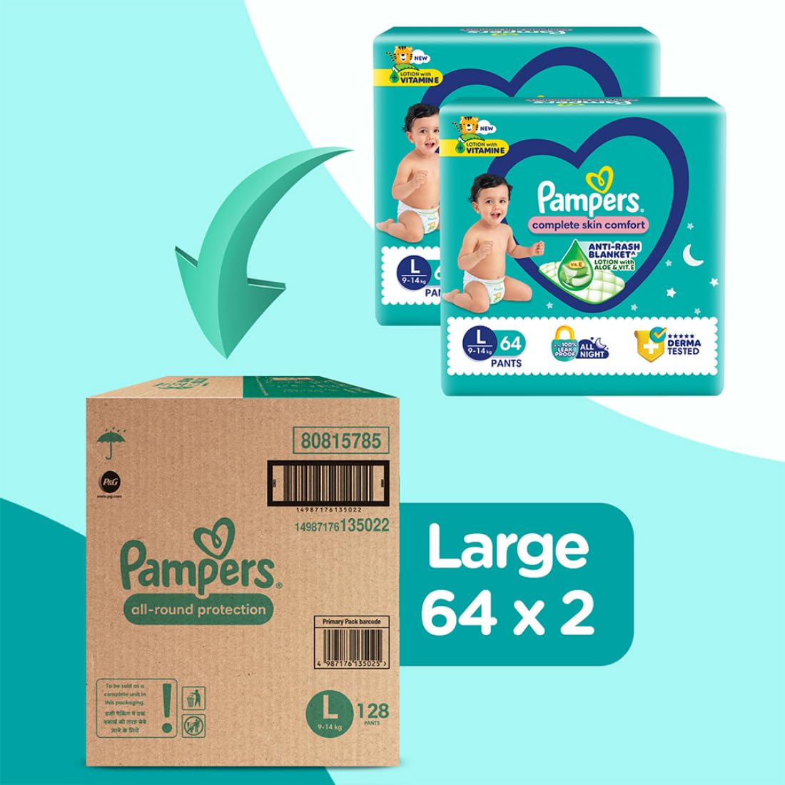 Pampers Complete Skin Comfort | Pant Style Diaper Large, 128 Count| Anti Rash with 100% protection from leakage upto 12 hrs