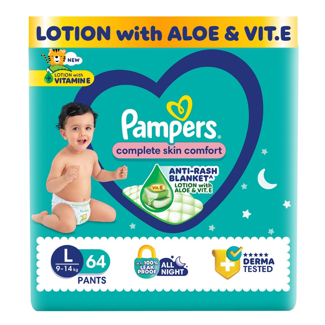 Pampers Complete Skin Comfort | Pant Style Diaper Large, 128 Count| Anti Rash with 100% protection from leakage upto 12 hrs