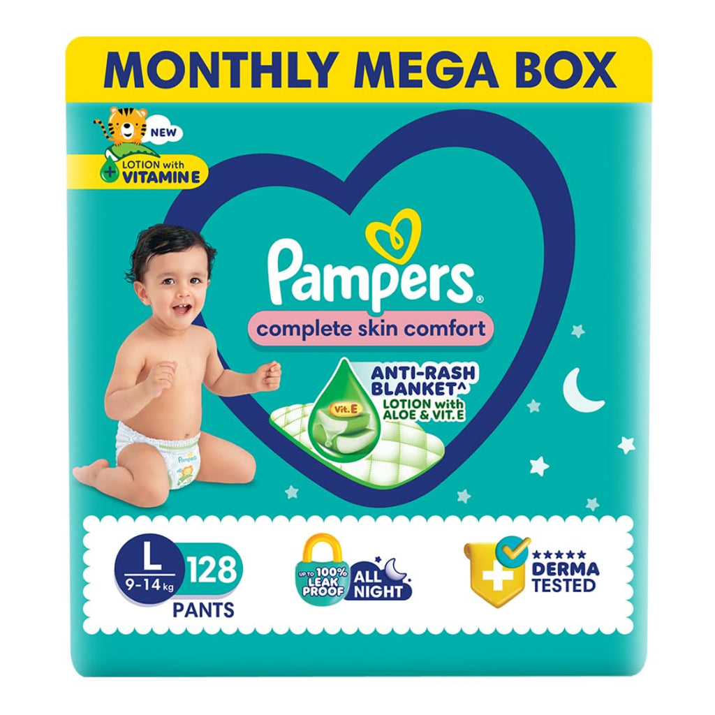 Pampers Complete Skin Comfort | Pant Style Diaper Large, 128 Count| Anti Rash with 100% protection from leakage upto 12 hrs
