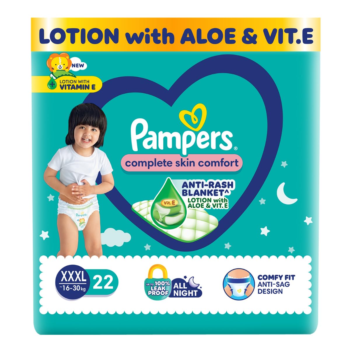 Pampers Complete Skin Comfort | Pant Style Diaper Large, 128 Count| Anti Rash with 100% protection from leakage upto 12 hrs