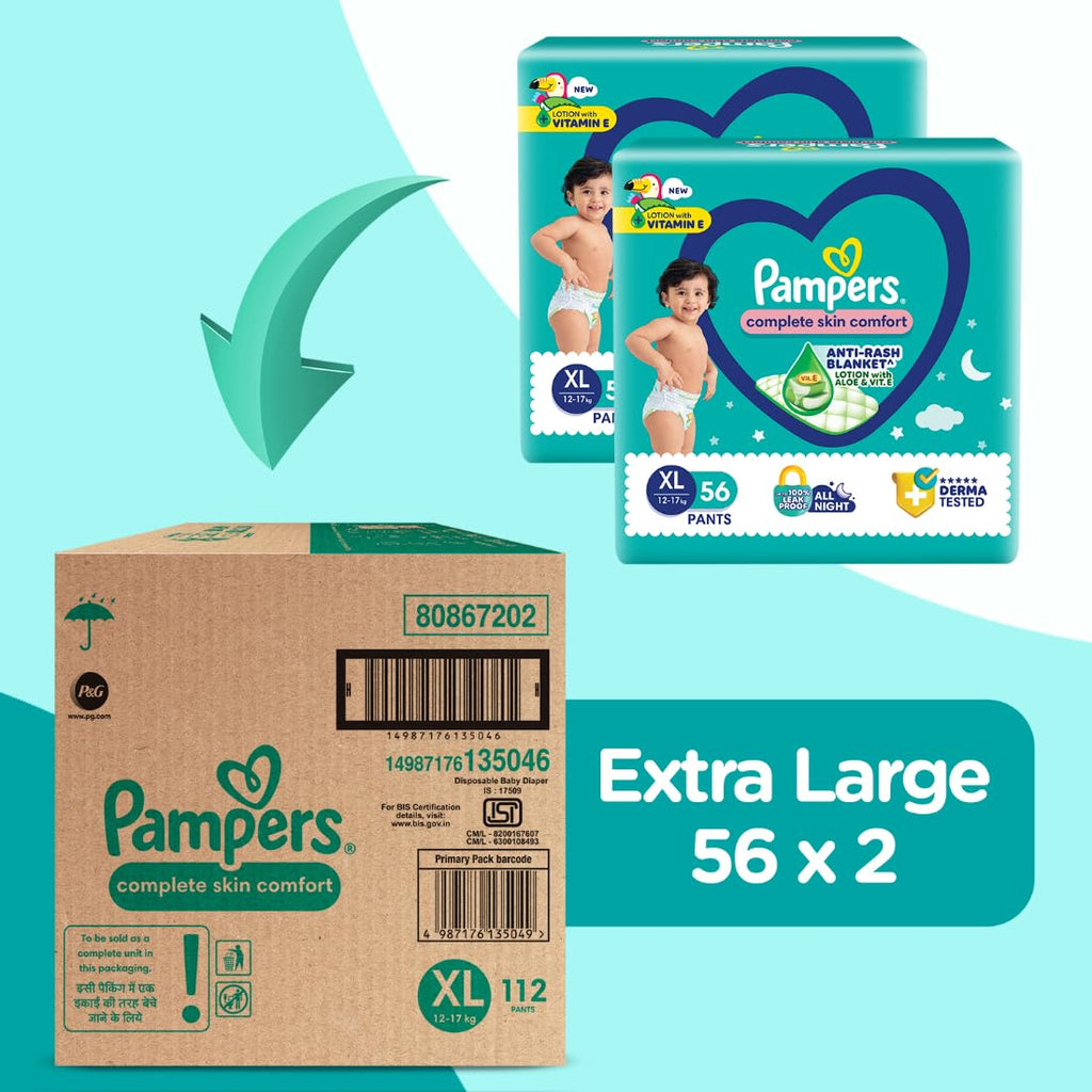 Pampers Complete Skin Comfort | Pant Style Diaper Large, 128 Count| Anti Rash with 100% protection from leakage upto 12 hrs