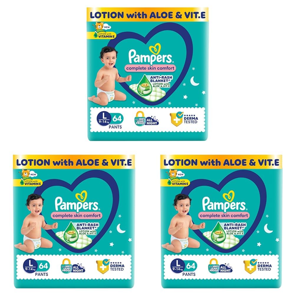 Pampers Complete Skin Comfort | Pant Style Diaper Large, 128 Count| Anti Rash with 100% protection from leakage upto 12 hrs