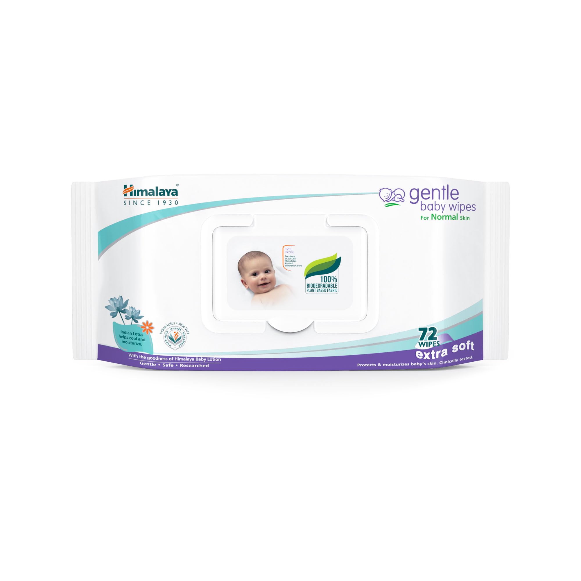 Himalaya Gentle Baby Wipes with Lid (72 wipes x4 packs -288 wipes) |100% Biodegradable Plant-based fabric | Indian Lotus & Aloe Vera | Skin Friendly PH| Extra Soft