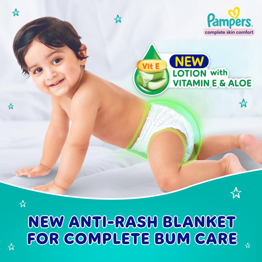 Pampers Complete Skin Comfort | Pant Style Diaper Large, 128 Count| Anti Rash with 100% protection from leakage upto 12 hrs