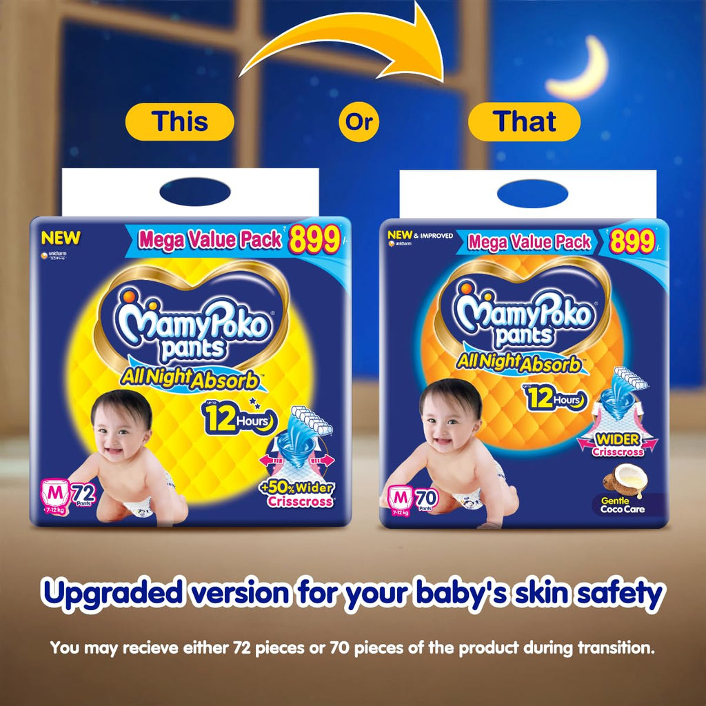 Mamypoko pants All night absorb| Pant Style Baby Diapers Large Size(L), 62 Count, Ideal for 9-14Kgs|1 Diaper= Upto All night Absorption|Wider Crisscross Sheet|Gentle Coco Care| 12hr Leakage Protection| Prevents Heaviness.
