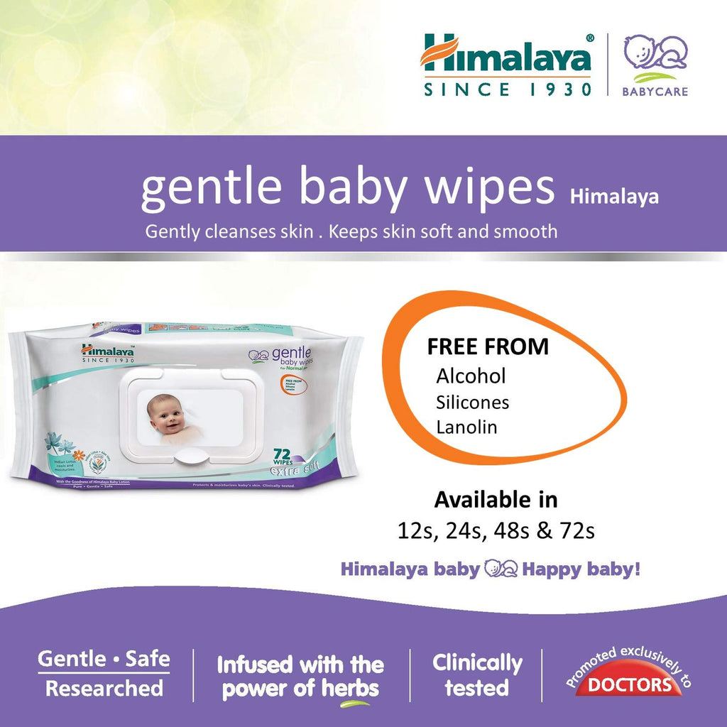 Himalaya Gentle Baby Wipes with Lid (72 wipes x4 packs -288 wipes) |100% Biodegradable Plant-based fabric | Indian Lotus & Aloe Vera | Skin Friendly PH| Extra Soft