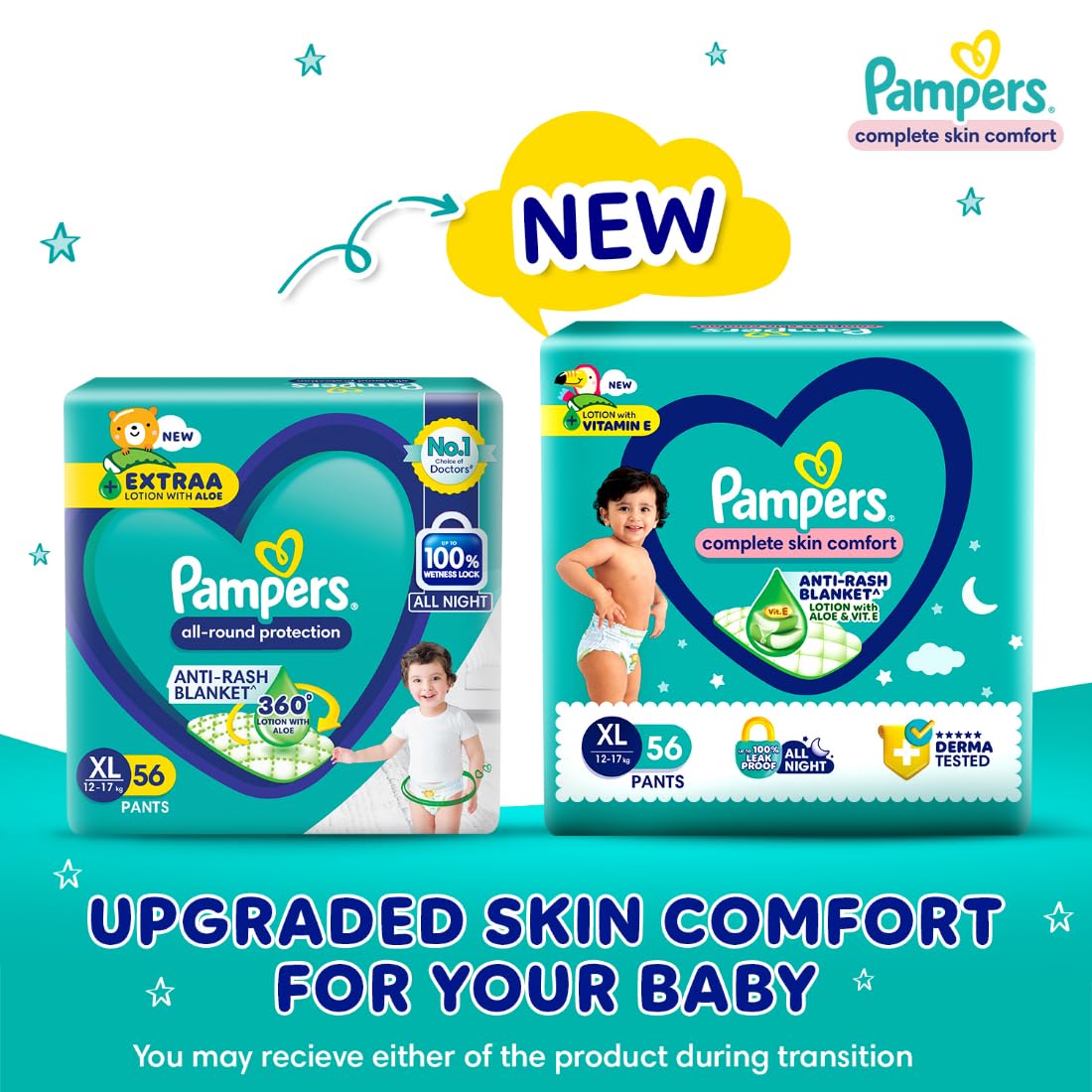 Pampers Complete Skin Comfort | Pant Style Diaper Large, 128 Count| Anti Rash with 100% protection from leakage upto 12 hrs