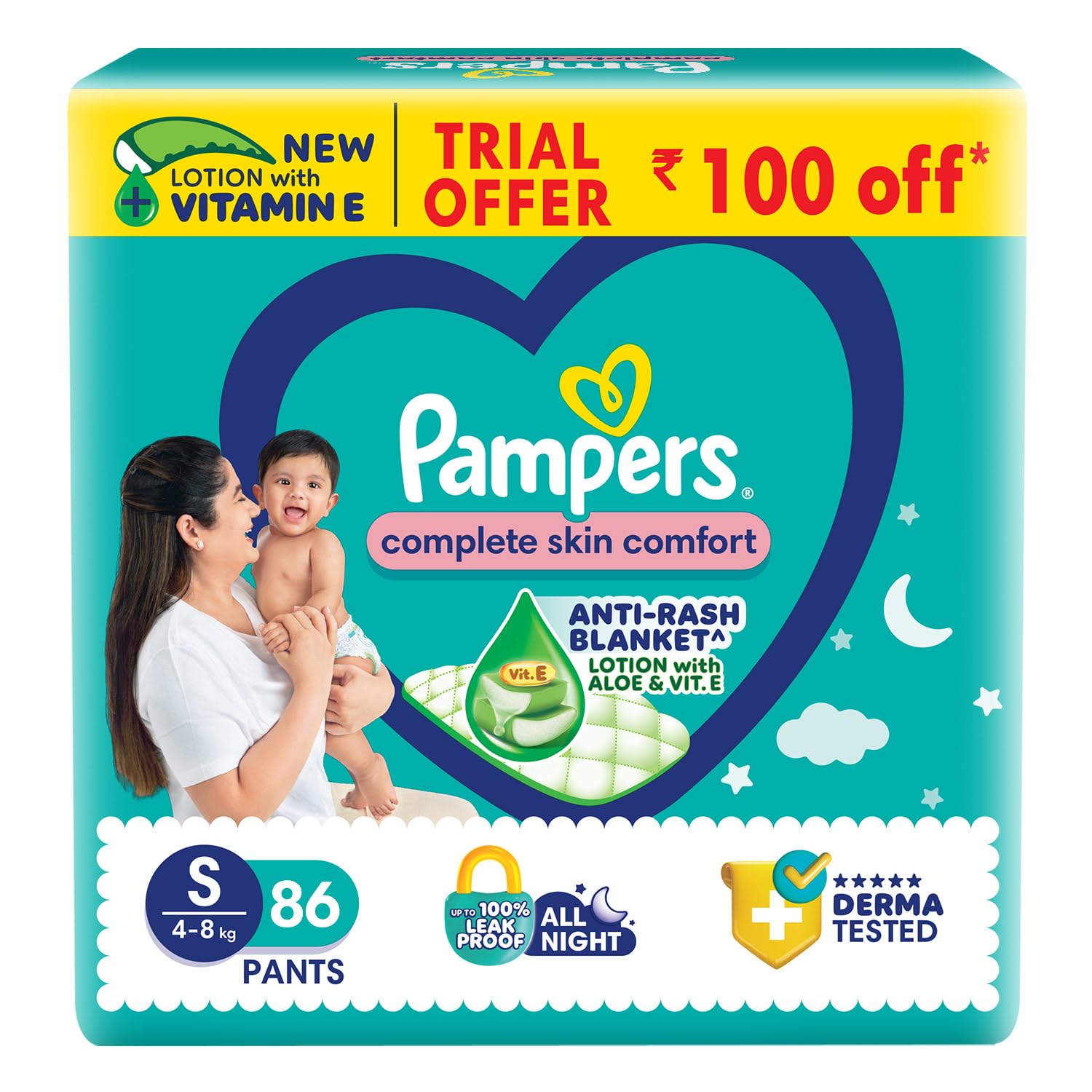 Pampers Complete Skin Comfort | Pant Style Diaper Large, 128 Count| Anti Rash with 100% protection from leakage upto 12 hrs