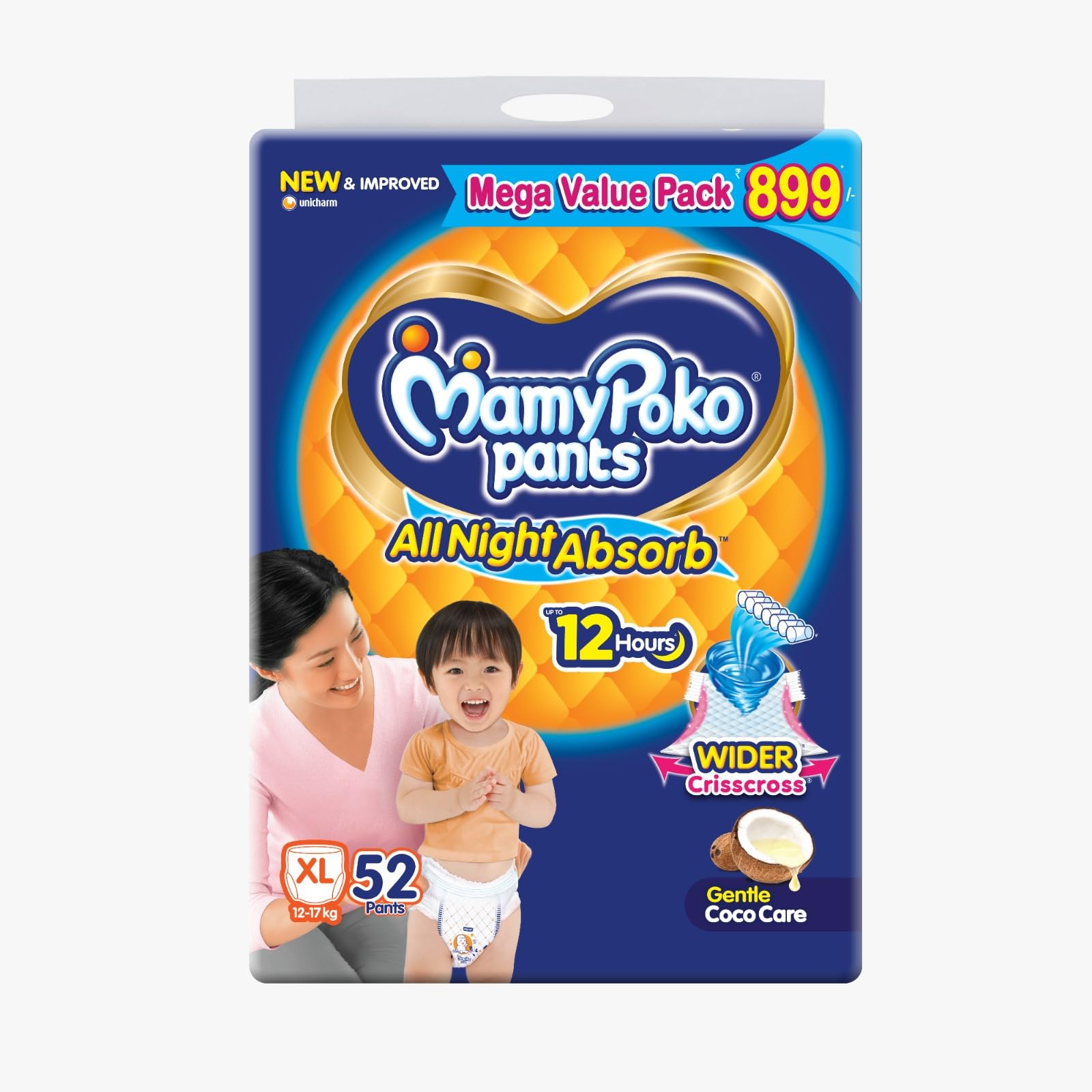 Mamypoko pants All night absorb| Pant Style Baby Diapers Large Size(L), 62 Count, Ideal for 9-14Kgs|1 Diaper= Upto All night Absorption|Wider Crisscross Sheet|Gentle Coco Care| 12hr Leakage Protection| Prevents Heaviness.