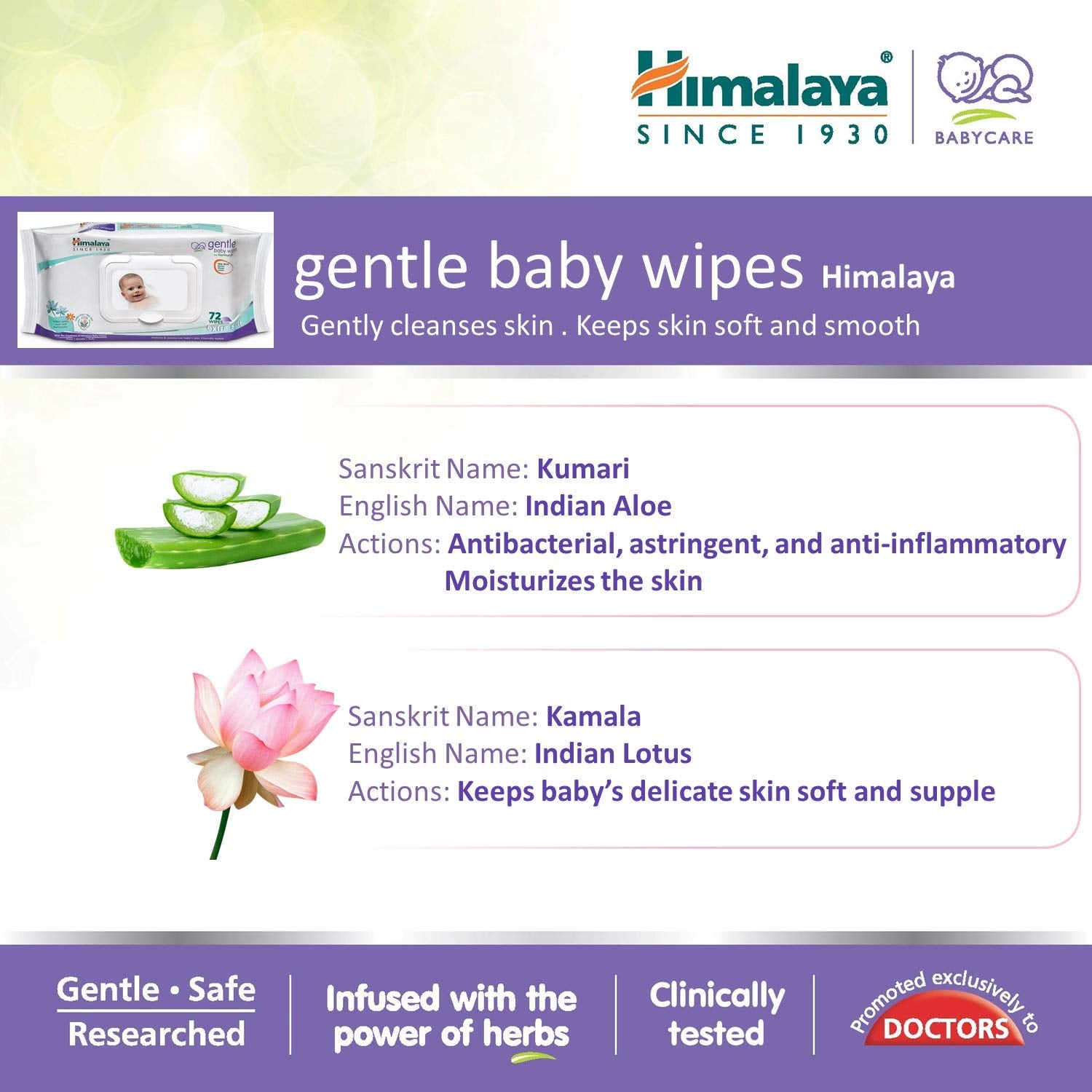 Himalaya Gentle Baby Wipes with Lid (72 wipes x4 packs -288 wipes) |100% Biodegradable Plant-based fabric | Indian Lotus & Aloe Vera | Skin Friendly PH| Extra Soft