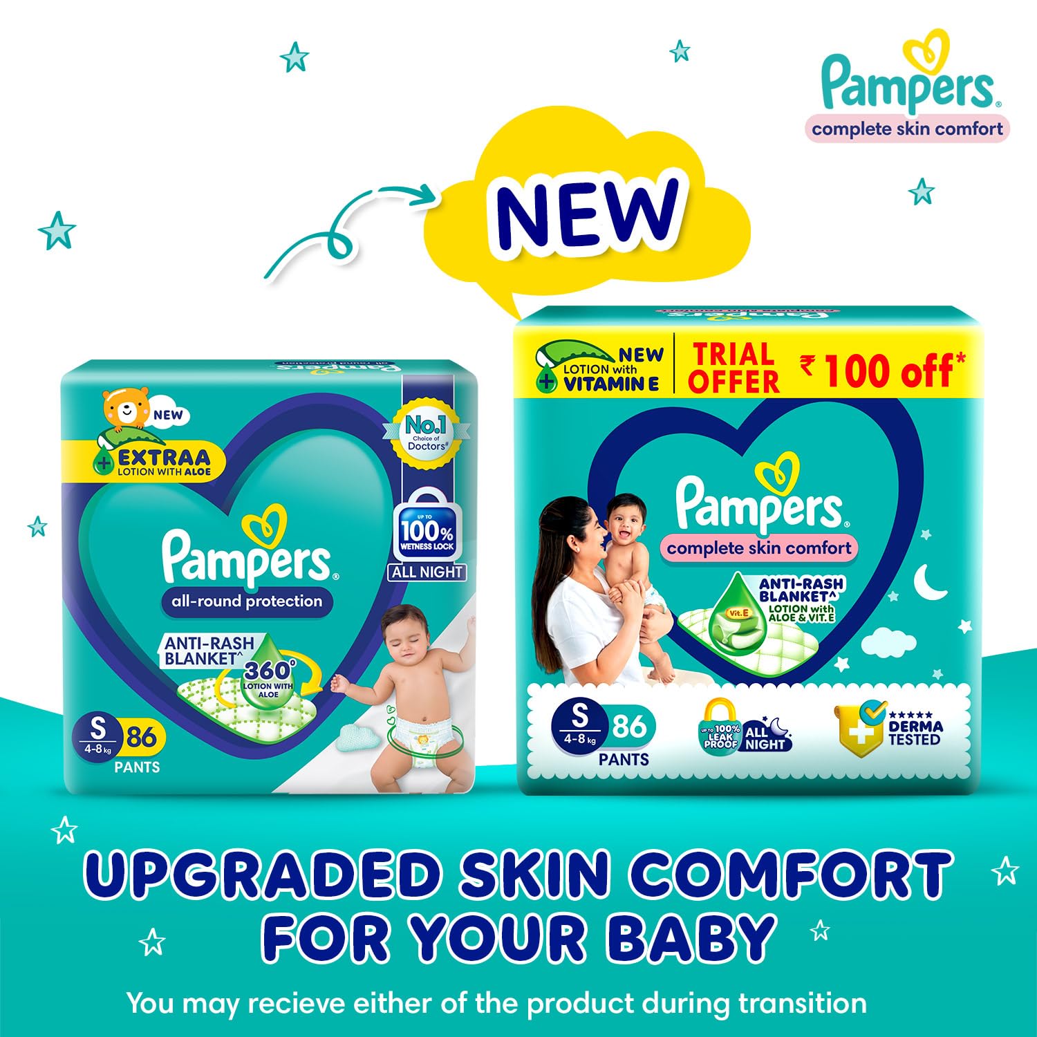 Pampers Complete Skin Comfort | Pant Style Diaper Large, 128 Count| Anti Rash with 100% protection from leakage upto 12 hrs
