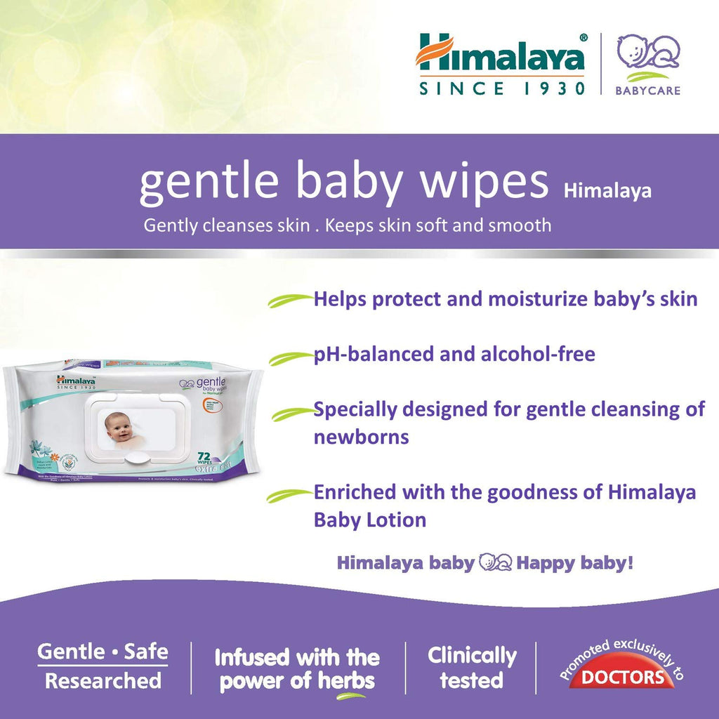 Himalaya Gentle Baby Wipes with Lid (72 wipes x4 packs -288 wipes) |100% Biodegradable Plant-based fabric | Indian Lotus & Aloe Vera | Skin Friendly PH| Extra Soft