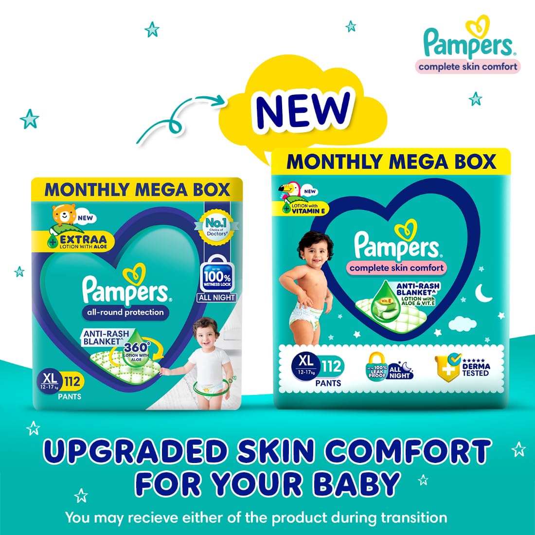 Pampers Complete Skin Comfort | Pant Style Diaper Large, 128 Count| Anti Rash with 100% protection from leakage upto 12 hrs