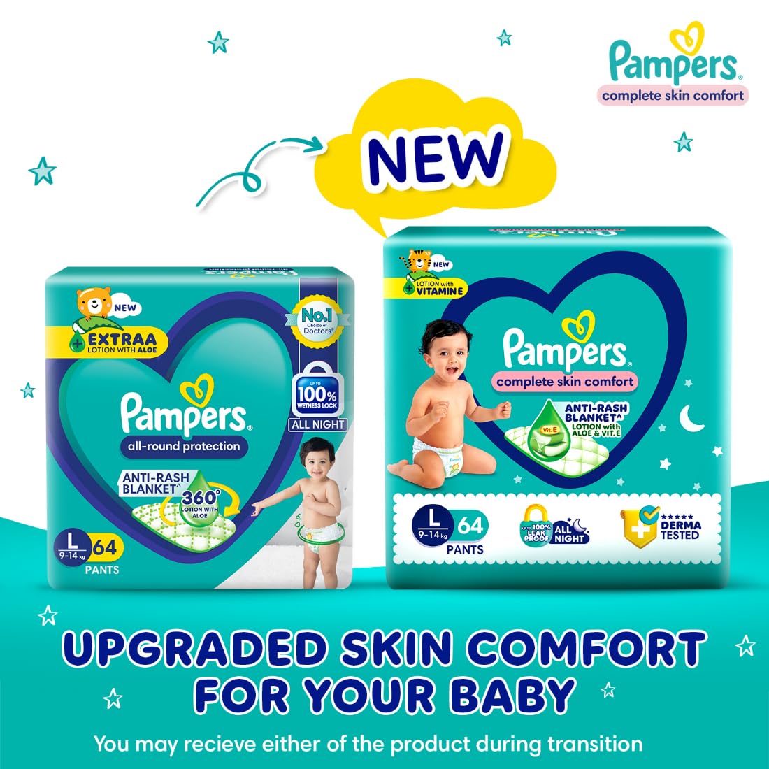 Pampers Complete Skin Comfort | Pant Style Diaper Large, 128 Count| Anti Rash with 100% protection from leakage upto 12 hrs