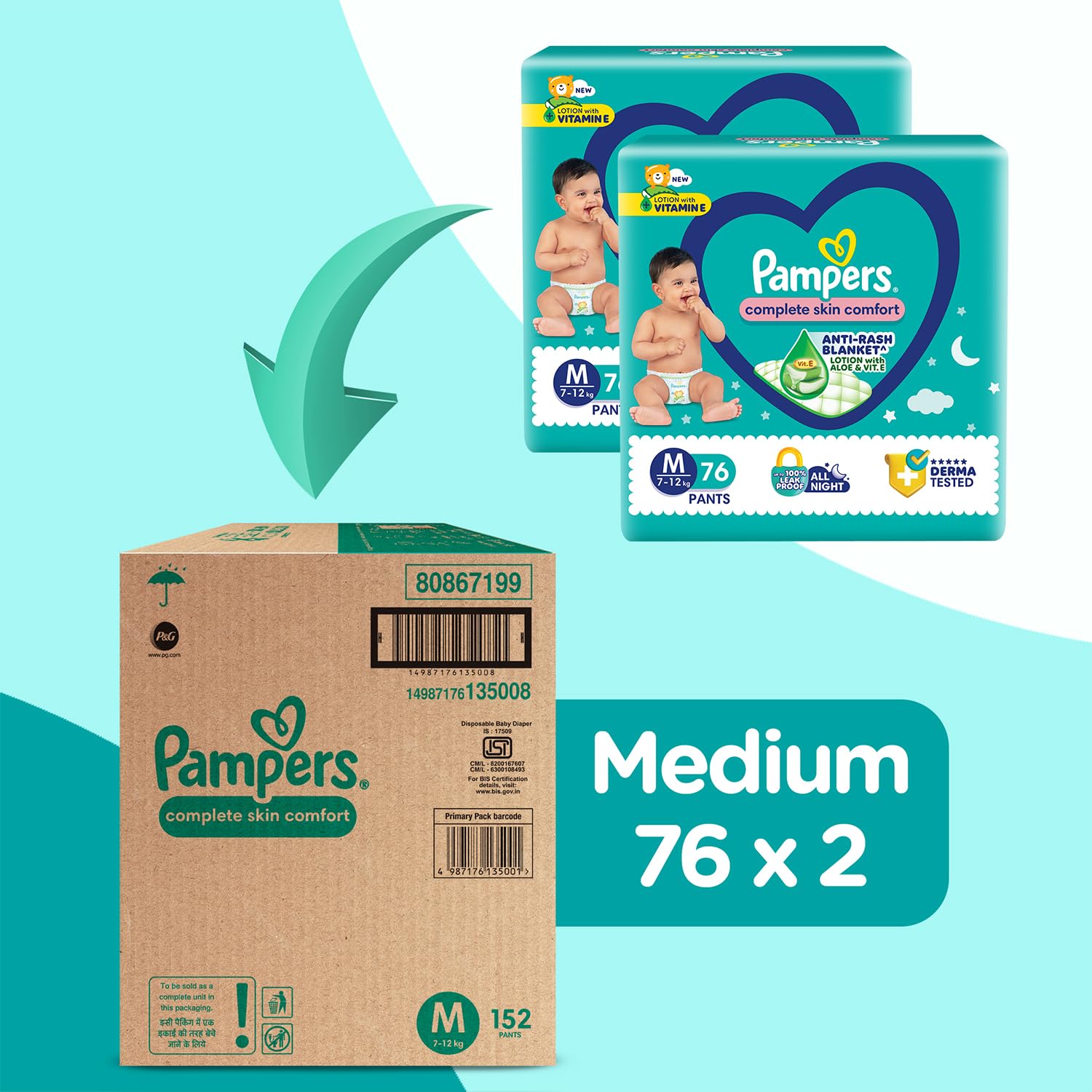 Pampers Complete Skin Comfort | Pant Style Diaper Large, 128 Count| Anti Rash with 100% protection from leakage upto 12 hrs