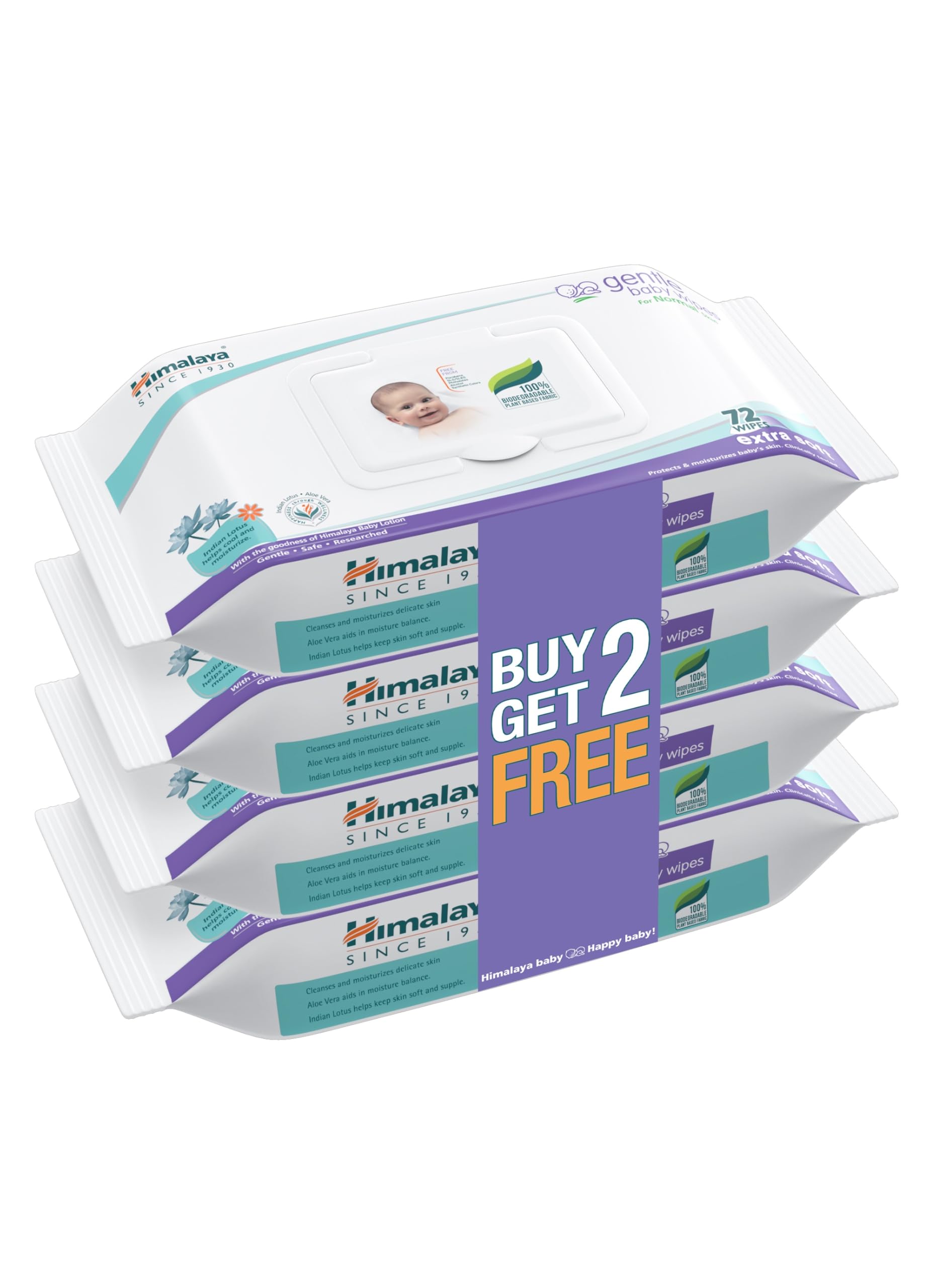 Himalaya Gentle Baby Wipes with Lid (72 wipes x4 packs -288 wipes) |100% Biodegradable Plant-based fabric | Indian Lotus & Aloe Vera | Skin Friendly PH| Extra Soft