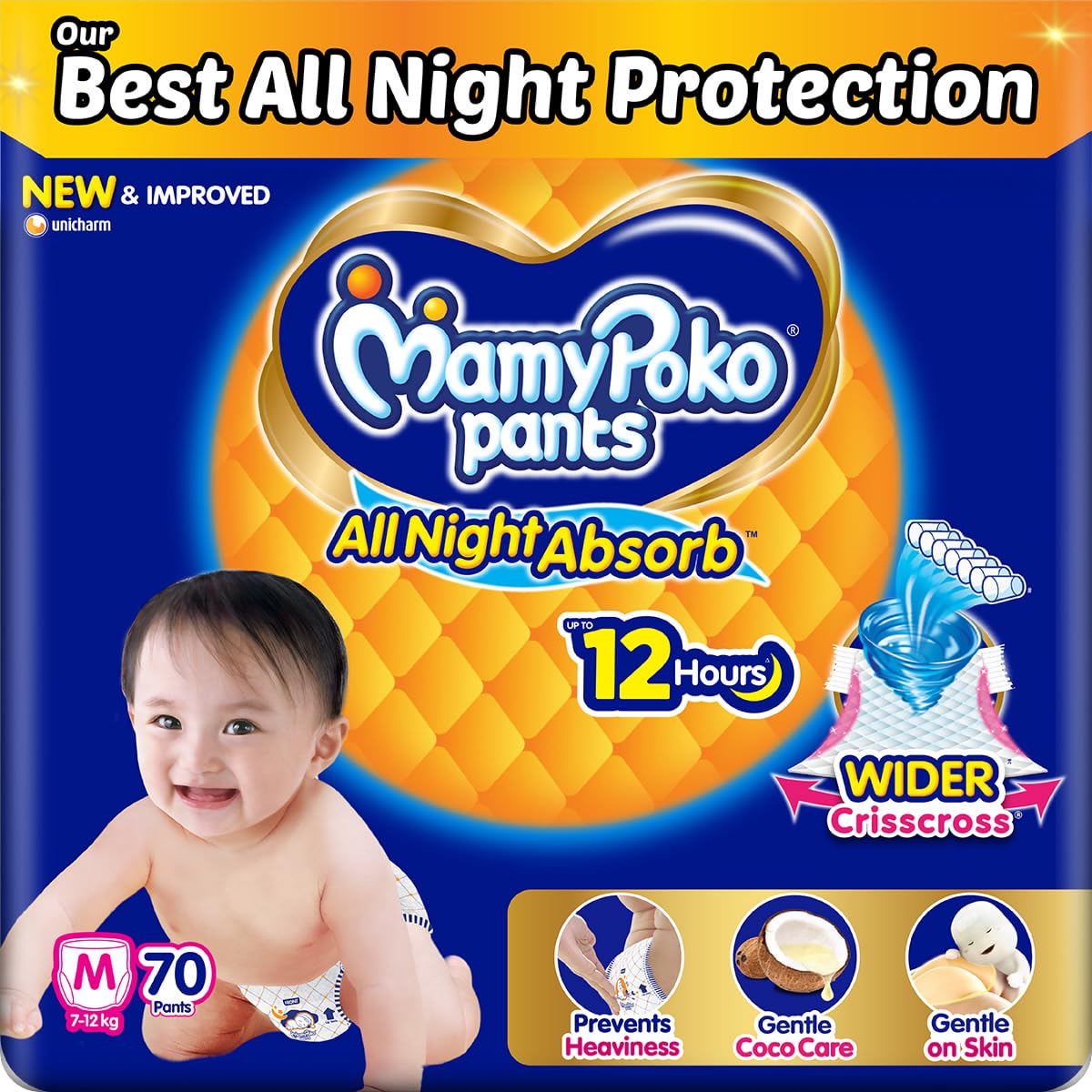 Mamypoko pants All night absorb| Pant Style Baby Diapers Large Size(L), 62 Count, Ideal for 9-14Kgs|1 Diaper= Upto All night Absorption|Wider Crisscross Sheet|Gentle Coco Care| 12hr Leakage Protection| Prevents Heaviness.
