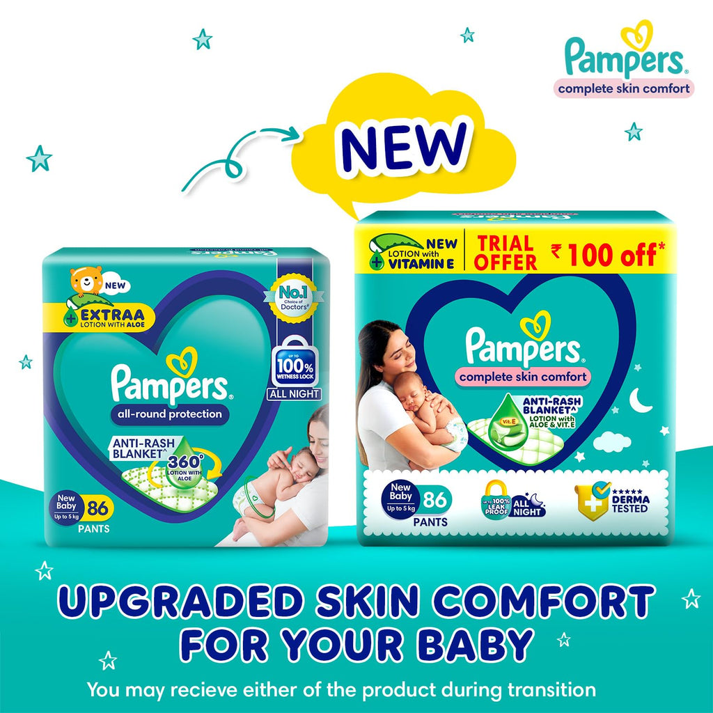 Pampers Complete Skin Comfort | Pant Style Diaper Large, 128 Count| Anti Rash with 100% protection from leakage upto 12 hrs