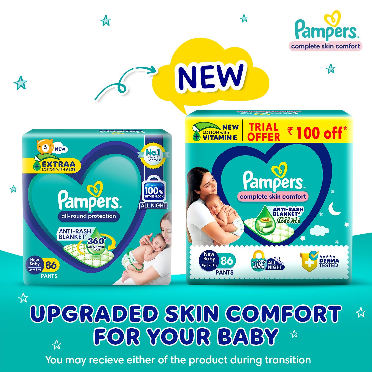 Pampers Complete Skin Comfort | Pant Style Diaper Large, 128 Count| Anti Rash with 100% protection from leakage upto 12 hrs