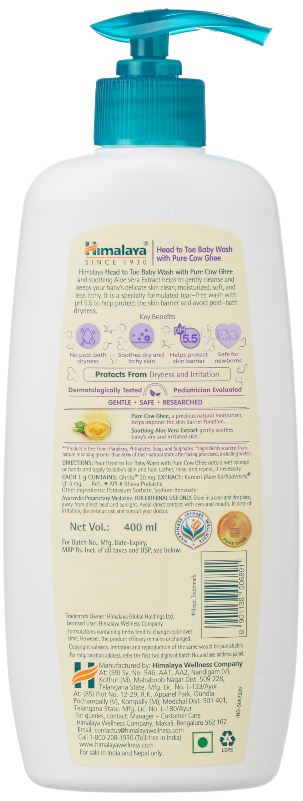 Himalaya Gentle Baby Wash 400ml | No tears formula |with chickpea and Green gram| Cleansing baby's gentle skin