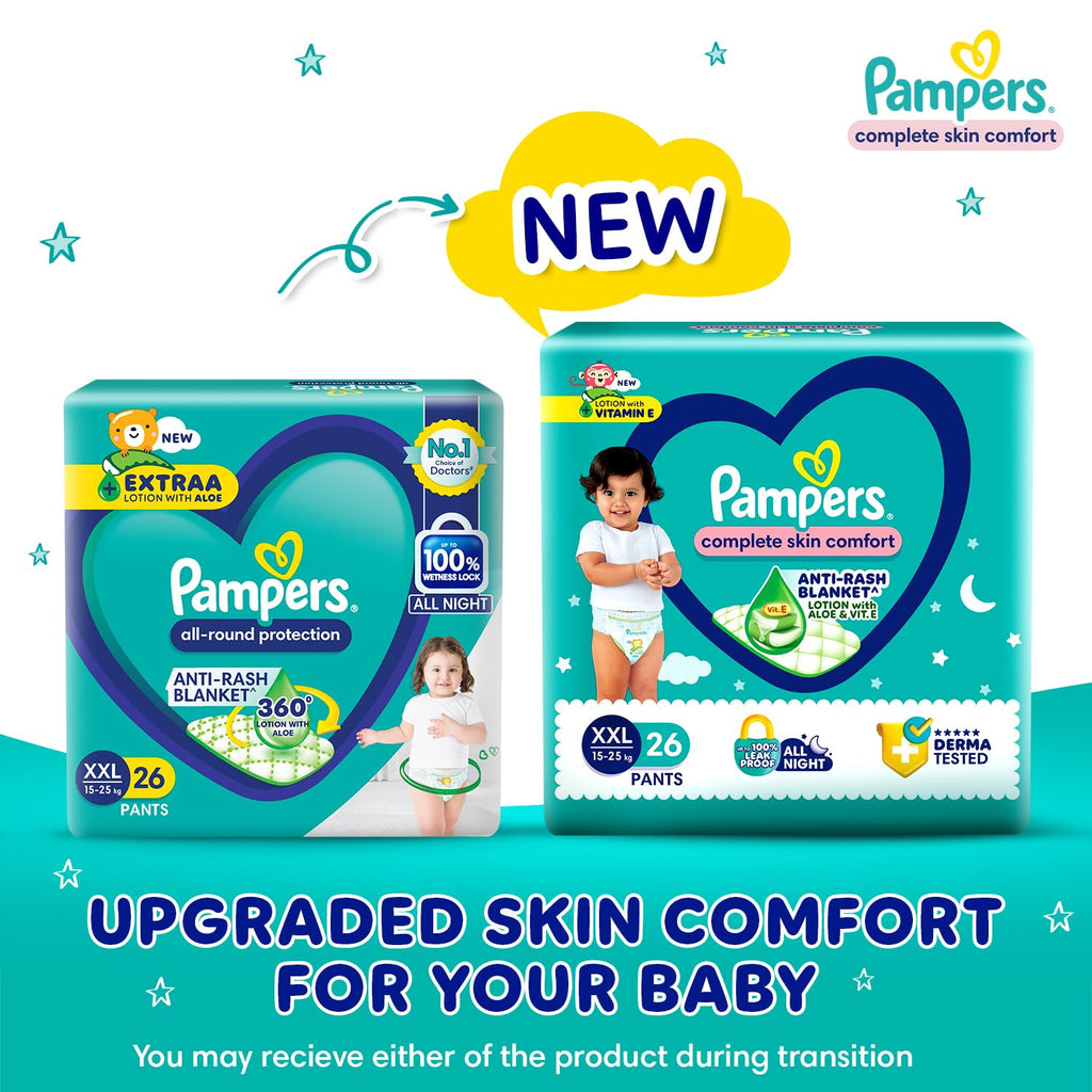 Pampers Complete Skin Comfort | Pant Style Diaper Large, 128 Count| Anti Rash with 100% protection from leakage upto 12 hrs