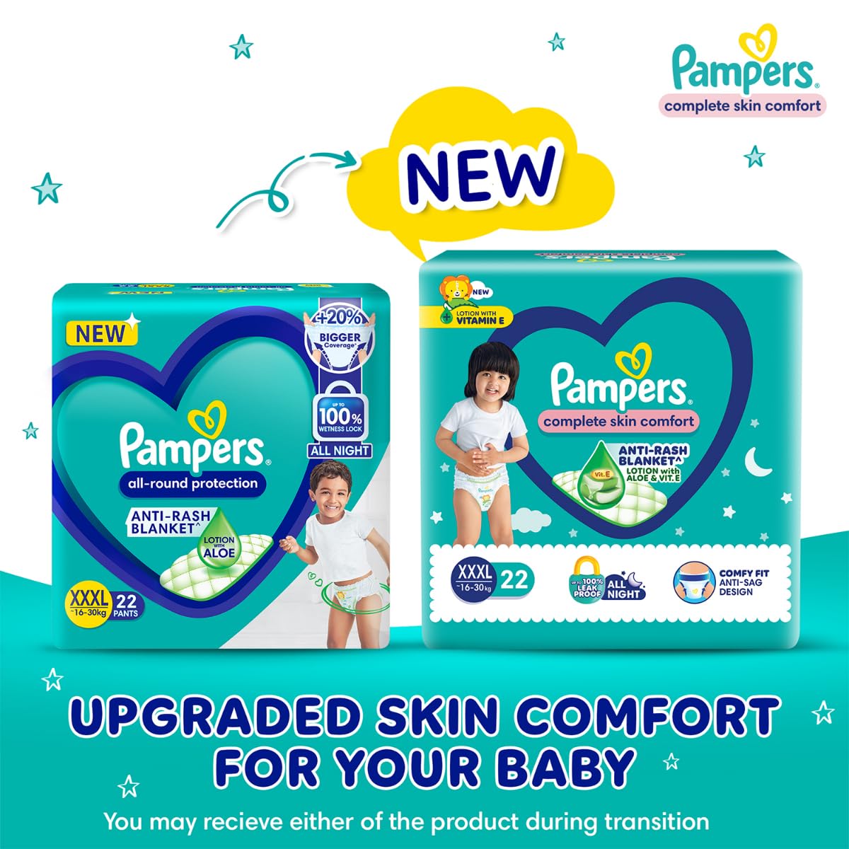 Pampers Complete Skin Comfort | Pant Style Diaper Large, 128 Count| Anti Rash with 100% protection from leakage upto 12 hrs