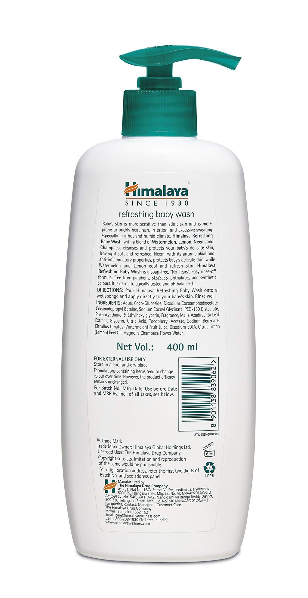 Himalaya Gentle Baby Wash 400ml | No tears formula |with chickpea and Green gram| Cleansing baby's gentle skin