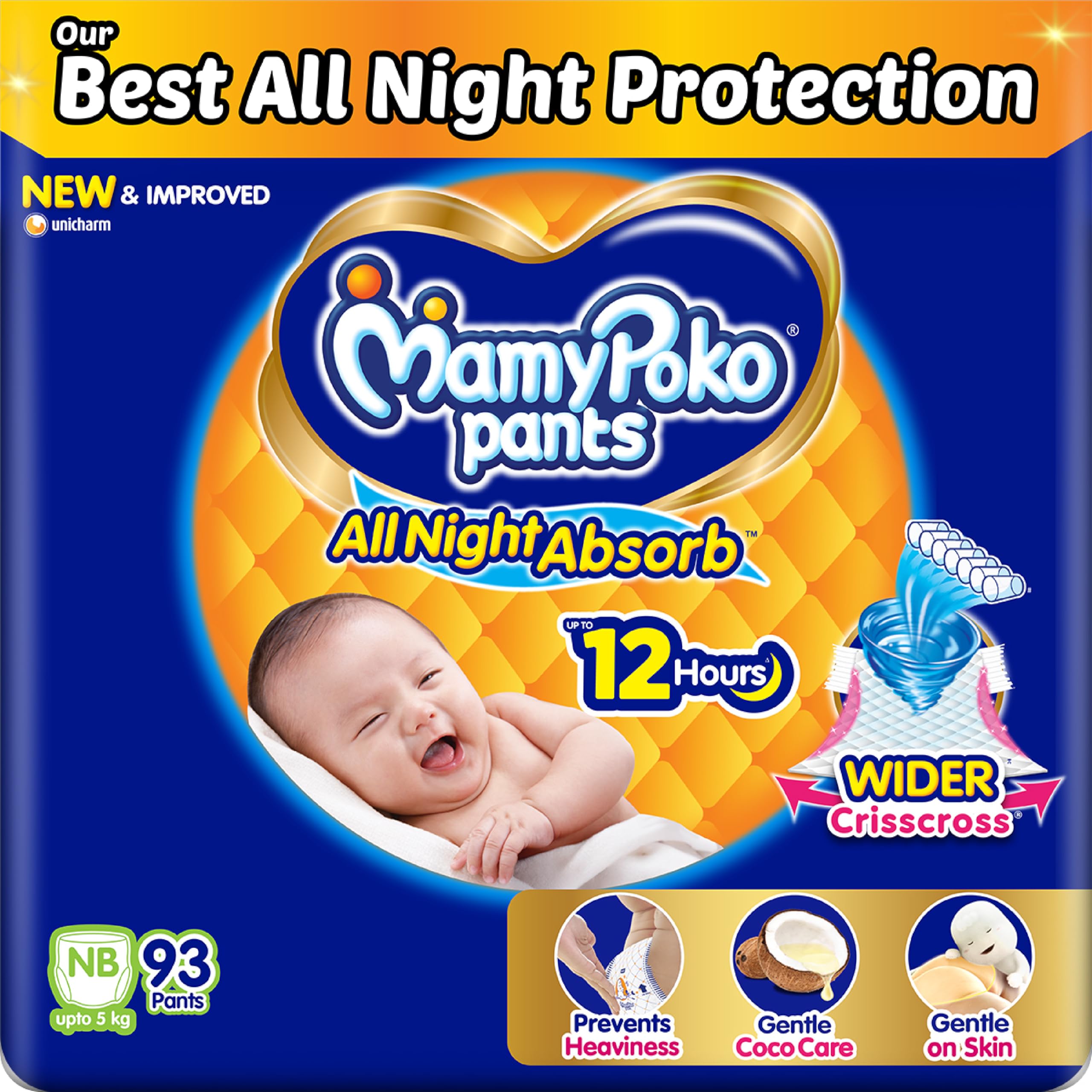 Mamypoko pants All night absorb| Pant Style Baby Diapers Large Size(L), 62 Count, Ideal for 9-14Kgs|1 Diaper= Upto All night Absorption|Wider Crisscross Sheet|Gentle Coco Care| 12hr Leakage Protection| Prevents Heaviness.