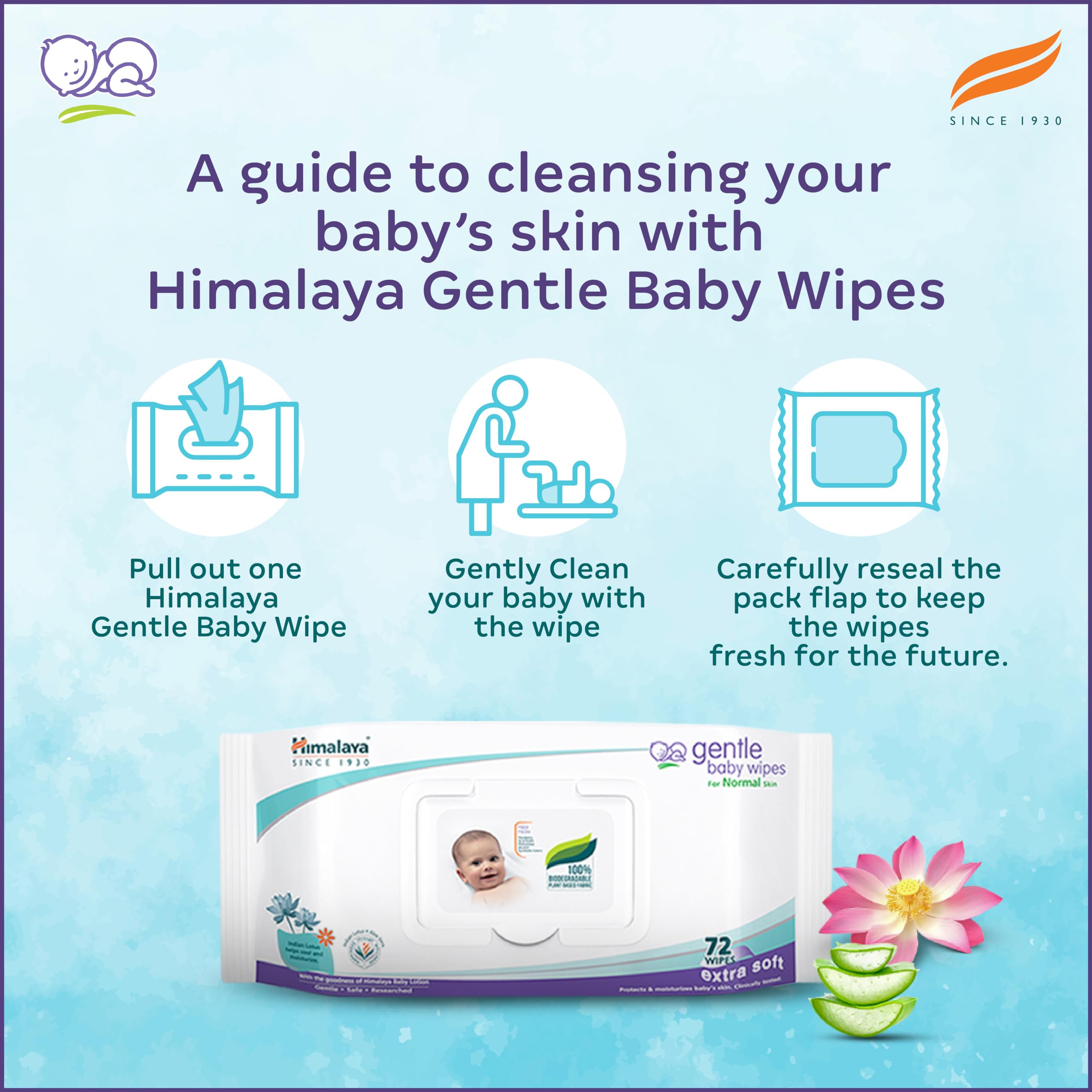 Himalaya Gentle Baby Wipes with Lid (72 wipes x4 packs -288 wipes) |100% Biodegradable Plant-based fabric | Indian Lotus & Aloe Vera | Skin Friendly PH| Extra Soft