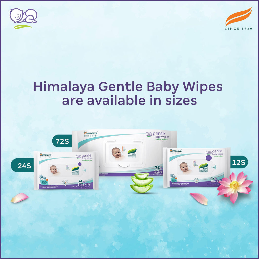 Himalaya Gentle Baby Wipes with Lid (72 wipes x4 packs -288 wipes) |100% Biodegradable Plant-based fabric | Indian Lotus & Aloe Vera | Skin Friendly PH| Extra Soft