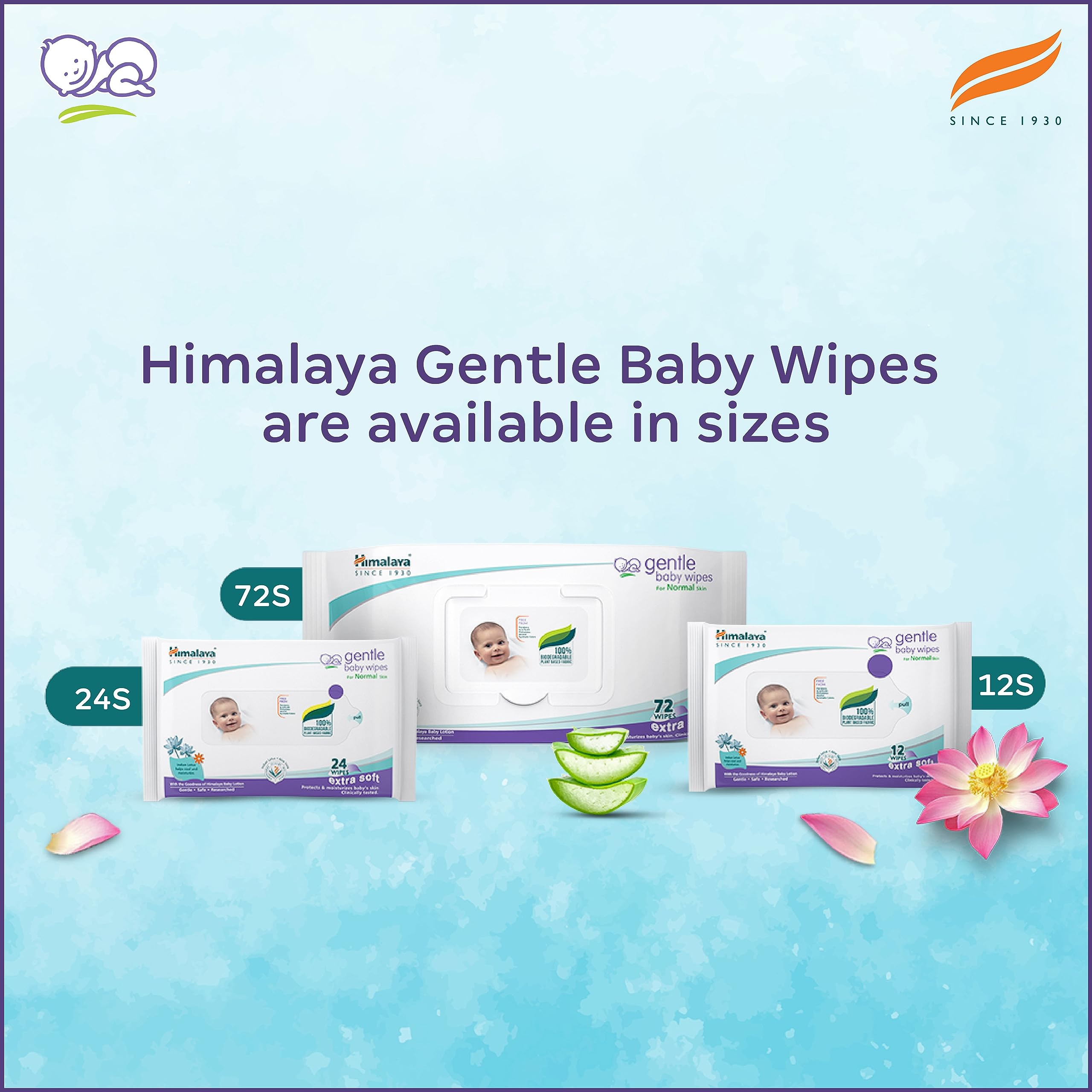 Himalaya Gentle Baby Wipes with Lid (72 wipes x4 packs -288 wipes) |100% Biodegradable Plant-based fabric | Indian Lotus & Aloe Vera | Skin Friendly PH| Extra Soft