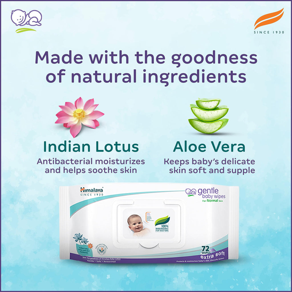 Himalaya Gentle Baby Wipes with Lid (72 wipes x4 packs -288 wipes) |100% Biodegradable Plant-based fabric | Indian Lotus & Aloe Vera | Skin Friendly PH| Extra Soft